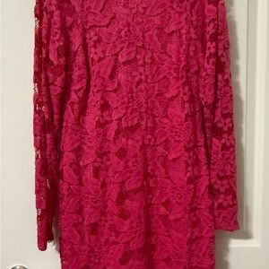 Bisou Bisou Vibrant Pink Lace Long Sleeve Dress